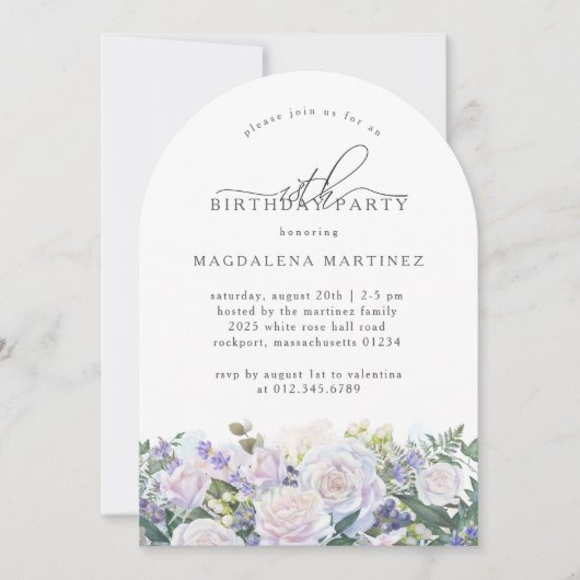 18thバースデーパーティーホワイトローズブルーフローラ 招待状 (正面)