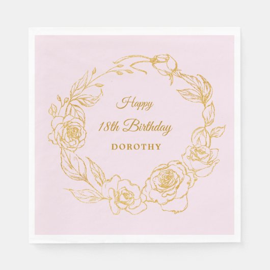 18thバースデーパーティールックス金ゴールドバラピンクカクテル スタンダードランチョンナプキン (正面)