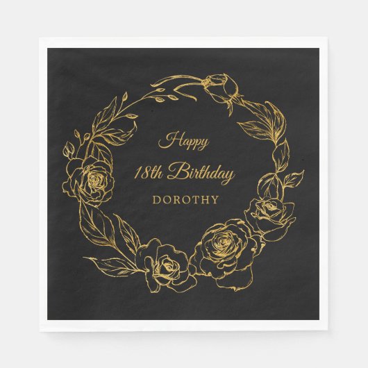 18thバースデーパーティールックス金ゴールドバラブラックカクテル スタンダードランチョンナプキン (正面)