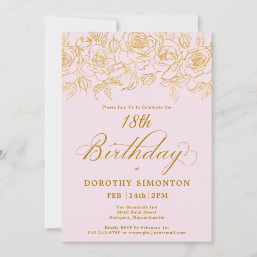 18thバースデーパーティー金ゴールドバラフローラ赤面ピンク 招待状 (正面)