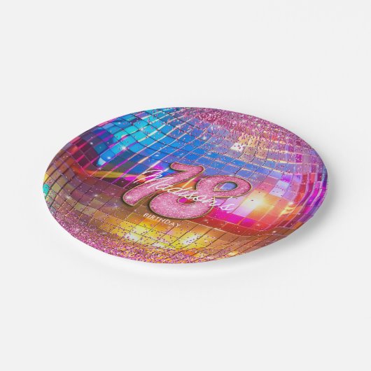 18thバースデーパーティー金ゴールドピンクグリッターディスコボール ペーパープレート (アングル)