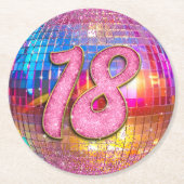 18thバースデーパーティー金ゴールドピンクグリッターディスコボール ラウンドペーパーコースター (正面)