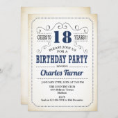 18thバースデーパーティー – レトロクリーミー白と海軍 招待状 (正面/裏面)