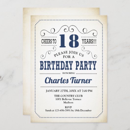 18thバースデーパーティー – レトロクリーミー白と海軍 招待状 (正面/裏面)