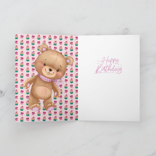 18th誕生日かわいいピンクバルーン女の子テディカード カード (内部)