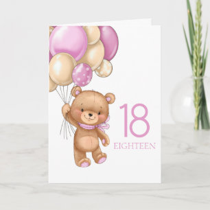 18th誕生日かわいいピンクバルーン女の子テディカード カード