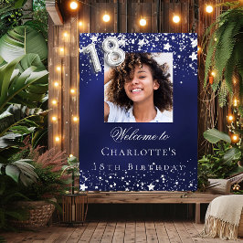 18th誕生日の青い銀の星の写真へようこそ ポスター