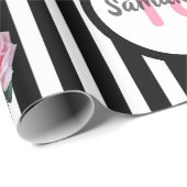 18th誕生日シックなピンクローズ白黒ストライプ ラッピングペーパー (ロールコーナー)