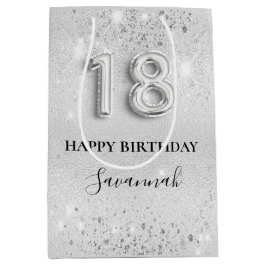 18th誕生日シルバーグリッターモノグラム ミディアムペーパーバッグ