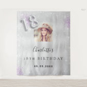 18th誕生日シルバーパープル写真グリッターへようこそ タペストリー (正面)