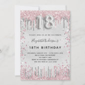 18th誕生日シルバーピンクの金属グリッターの塵 招待状 (正面)