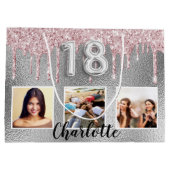 18th誕生日シルバーピンクグリッタードリップス写真名 ラージペーパーバッグ (裏面)