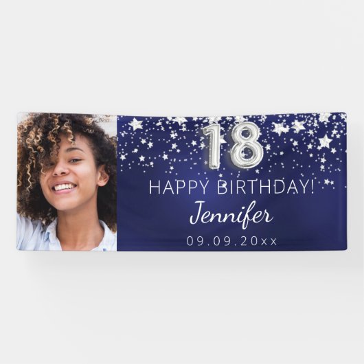 18th誕生日ネイビー・ブルー・シルバー・スターズ写真パーティー 横断幕 (横)