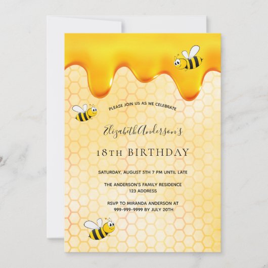 18th誕生日ハニカムスイートバンブルミツバチかわいい 招待状 (正面)