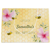 18th誕生日ハニカムピンクの花模様ミツバチ ラージペーパーバッグ (正面)