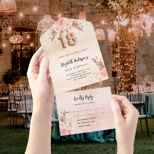 18th誕生日パンパスグラスバラピンク花模様RSVP オールインワン招待状