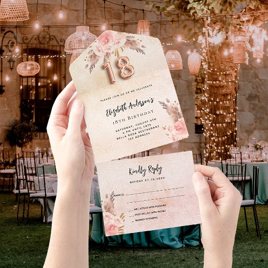 18th誕生日パンパスグラスバラピンク花模様RSVP オールインワン招待状