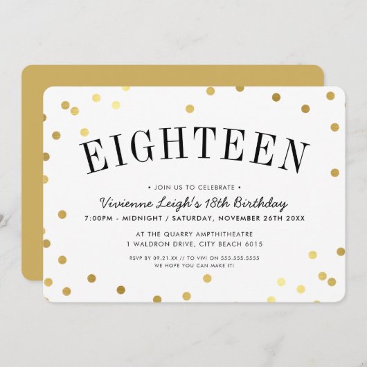 18th誕生日パーティーのスタイリッシュ金ゴールド紙吹雪 招待状 (正面/裏面)