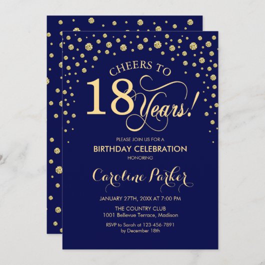 18th誕生日パーティーの招待状 – Navy Blue金ゴールド 招待状 (正面/裏面)