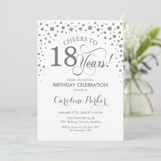 18th誕生日パーティーの招待状 – Silver White 招待状 (スタンド正面)