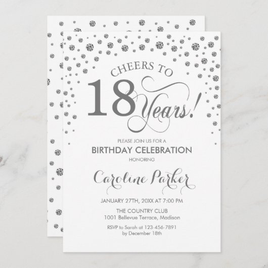 18th誕生日パーティーの招待状 – Silver White 招待状 (正面/裏面)