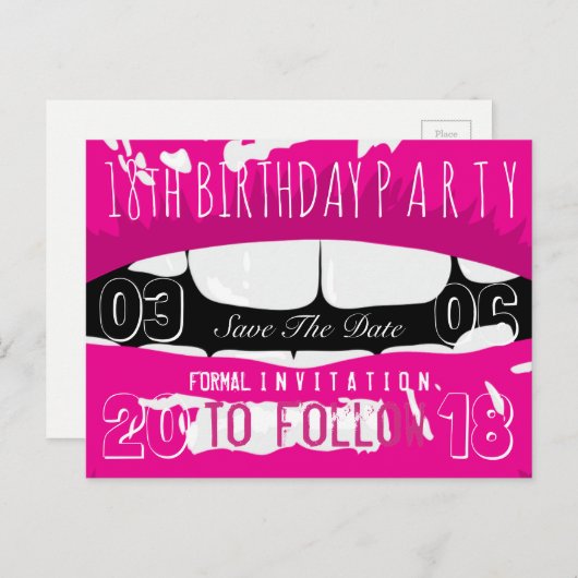 18th誕生日パーティーの日付を保存ホットピンクの唇 案内ポストカード (正面/裏面)