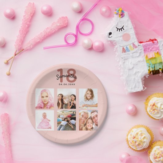 18th誕生日パーティーカスタム写真バラ金ゴールドピンク ペーパープレート (パーティー)