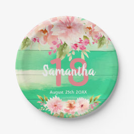 18th誕生日パーティーグリーンウッド赤面花模様 ペーパープレート