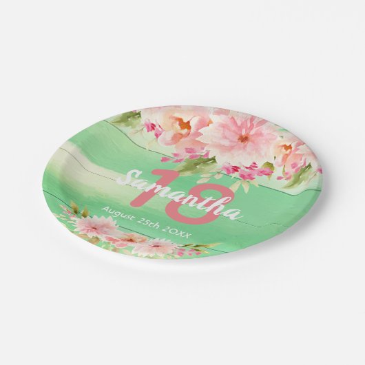 18th誕生日パーティーグリーンウッド赤面花模様 ペーパープレート (アングル)