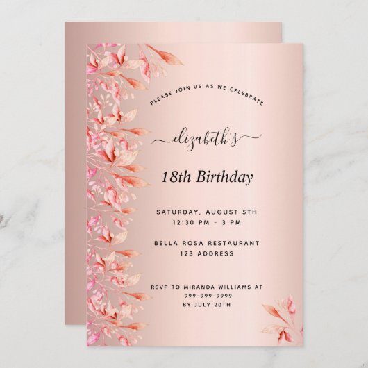 18th誕生日パーティーバラ金ゴールドピンク花模様箔 招待状 (正面/裏面)