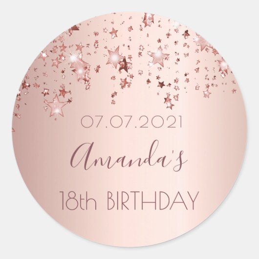 18th誕生日パーティーバラ金ゴールド光沢のある星のキラキラ ラウンドシール (正面)