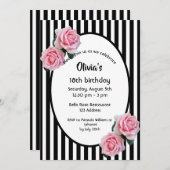 18th誕生日パーティーピンクローズ白黒ストライプ 招待状 (正面/裏面)