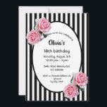 18th誕生日パーティーピンクローズ白黒ストライプ 招待状<br><div class="desc">背景クラシックとしてスリムな黒と白の縦ストライプの縦型の。ピンクのバラを飾る。パーティー情報のテンプレート付き楕円フレーム。18ガーリー歳のフェミニンバースデエレガントィーパーティーの招待状。</div>