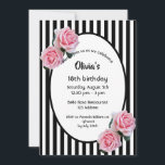 18th誕生日パーティーピンクローズ白黒ストライプ 招待状<br><div class="desc">背景クラシックとしてスリムな黒と白の縦ストライプの縦型の。ピンクのバラを飾る。パーティー情報のテンプレート付き楕円フレーム。18ガーリー歳のフェミニンバースデエレガントィーパーティーの招待状。</div>