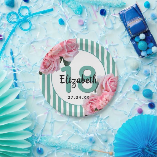 18th誕生日パーティーピンク花模様ティール（緑がかった色）ストライプ名 ペーパープレート (パーティー)