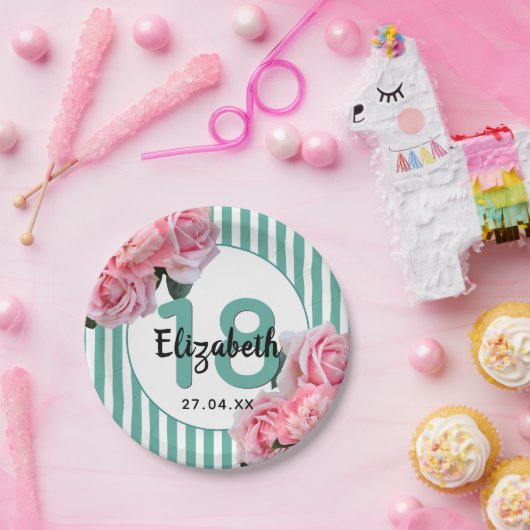 18th誕生日パーティーピンク花模様ティール（緑がかった色）ストライプ名 ペーパープレート (パーティー)