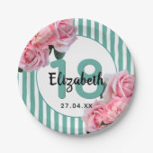 18th誕生日パーティーピンク花模様ティール（緑がかった色）ストライプ名 ペーパープレート (正面)
