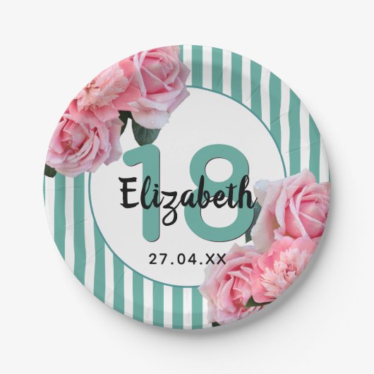 18th誕生日パーティーピンク花模様ティール(緑がかった色)ストライプ名 ペーパープレート (正面)