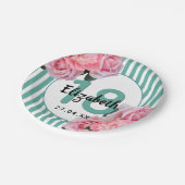 18th誕生日パーティーピンク花模様ティール（緑がかった色）ストライプ名 ペーパープレート (アングル)