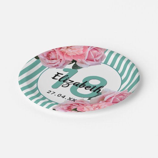 18th誕生日パーティーピンク花模様ティール（緑がかった色）ストライプ名 ペーパープレート (アングル)