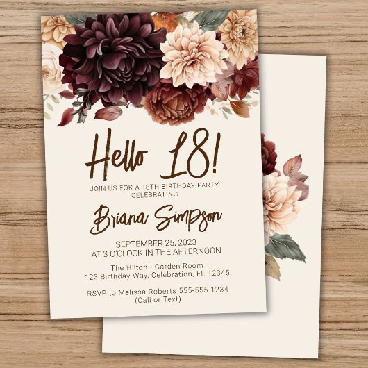 18th誕生日パーティーブラウンベージュアイボリーフローラ 招待状