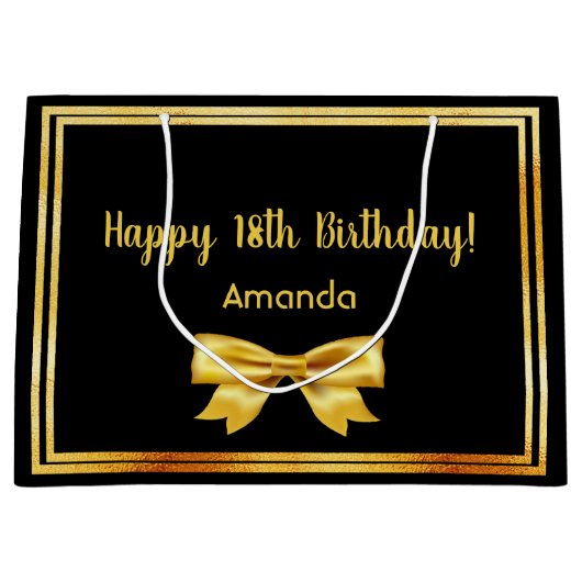 18th誕生日パーティーブラック金ゴールドネームボウ ラージペーパーバッグ (正面)