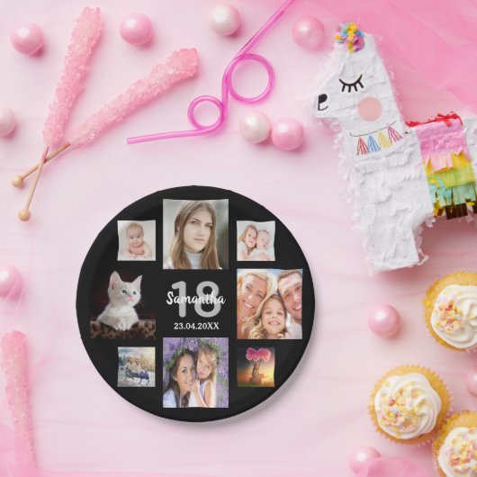 18th誕生日パーティー写真コラージガールブラック ペーパープレート (パーティー)