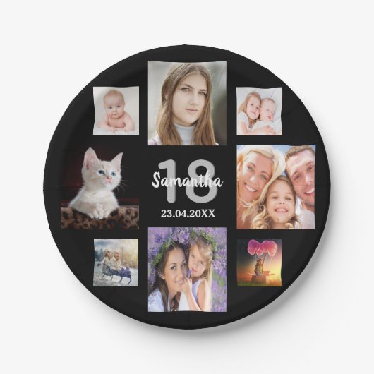 18th誕生日パーティー写真コラージガールブラック ペーパープレート (正面)