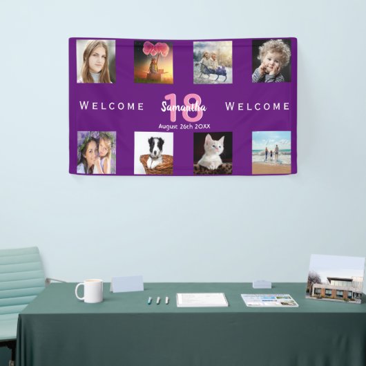 18th誕生日パーティー写真コラージュ女の子パープル 横断幕 (トレードショー)