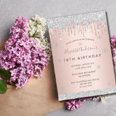 18th誕生日パーティー冬の銀のグリッターピンク 招待状