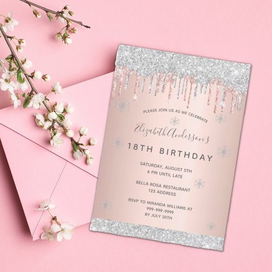 18th誕生日パーティー冬の銀のグリッターピンク 招待状