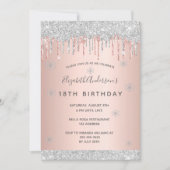 18th誕生日パーティー冬の銀のグリッターピンク 招待状 (正面)