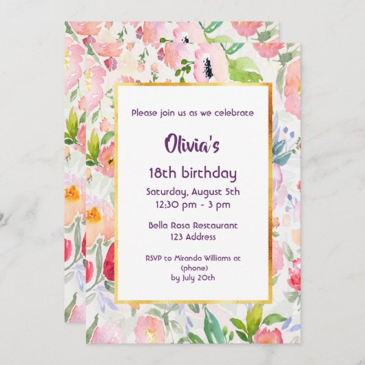18th誕生日パーティー招待ピンクの花ホワイト 招待状 (正面/裏面)