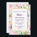 18th誕生日パーティー招待ピンクの花ホワイト 招待状<br><div class="desc">18エレガントth birthday party invitation cardをテーマにしたタイムレスな夏と庭園。ボヘミアンとボホスタイル。ロマンチックな柔らかいパステルとピンクと桃の色と緑の色の花の水葉色。文字の白い背景。シックなフェイク金ゴールド。テンプレートの名前とパーティー詳細、濃い紫色の色の文字。</div>